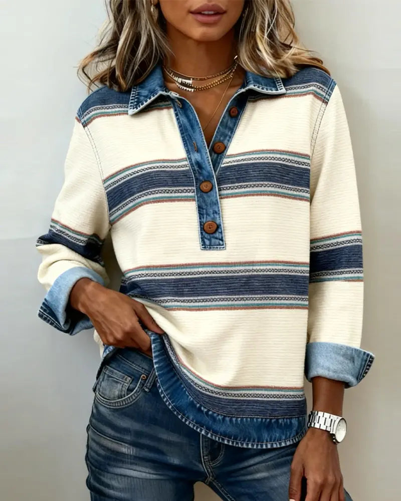 Women's Striped Knit Polo Sweater with Denim Collar