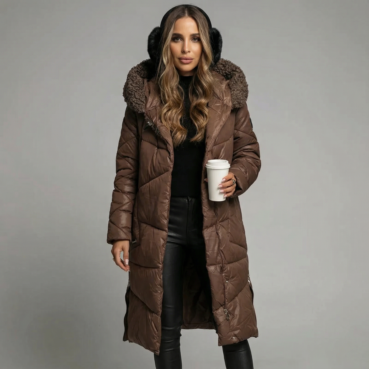 Women's Long Padded Parka with Faux Fur Hood