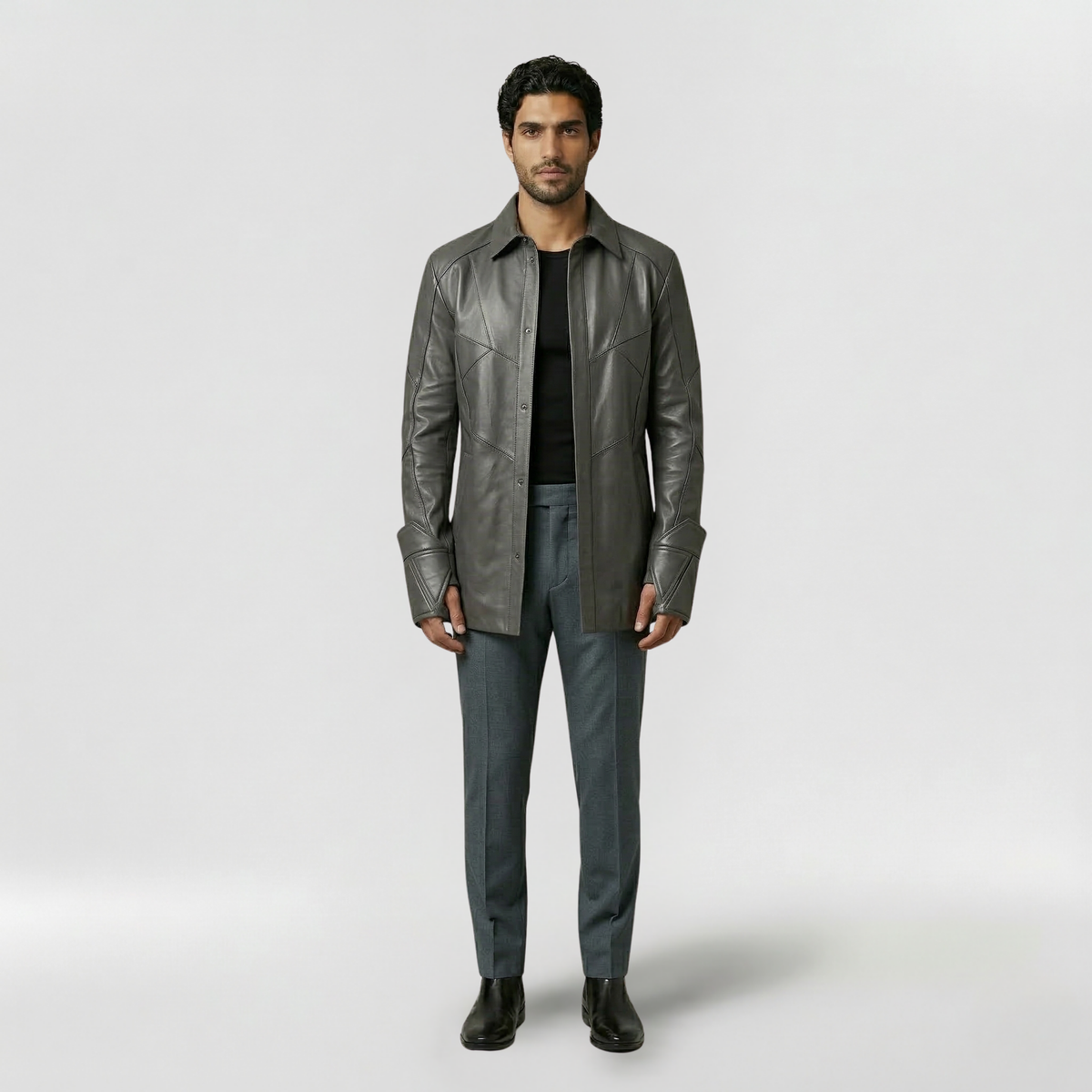 Men's Longline Faux-Leather Shirt Jacket