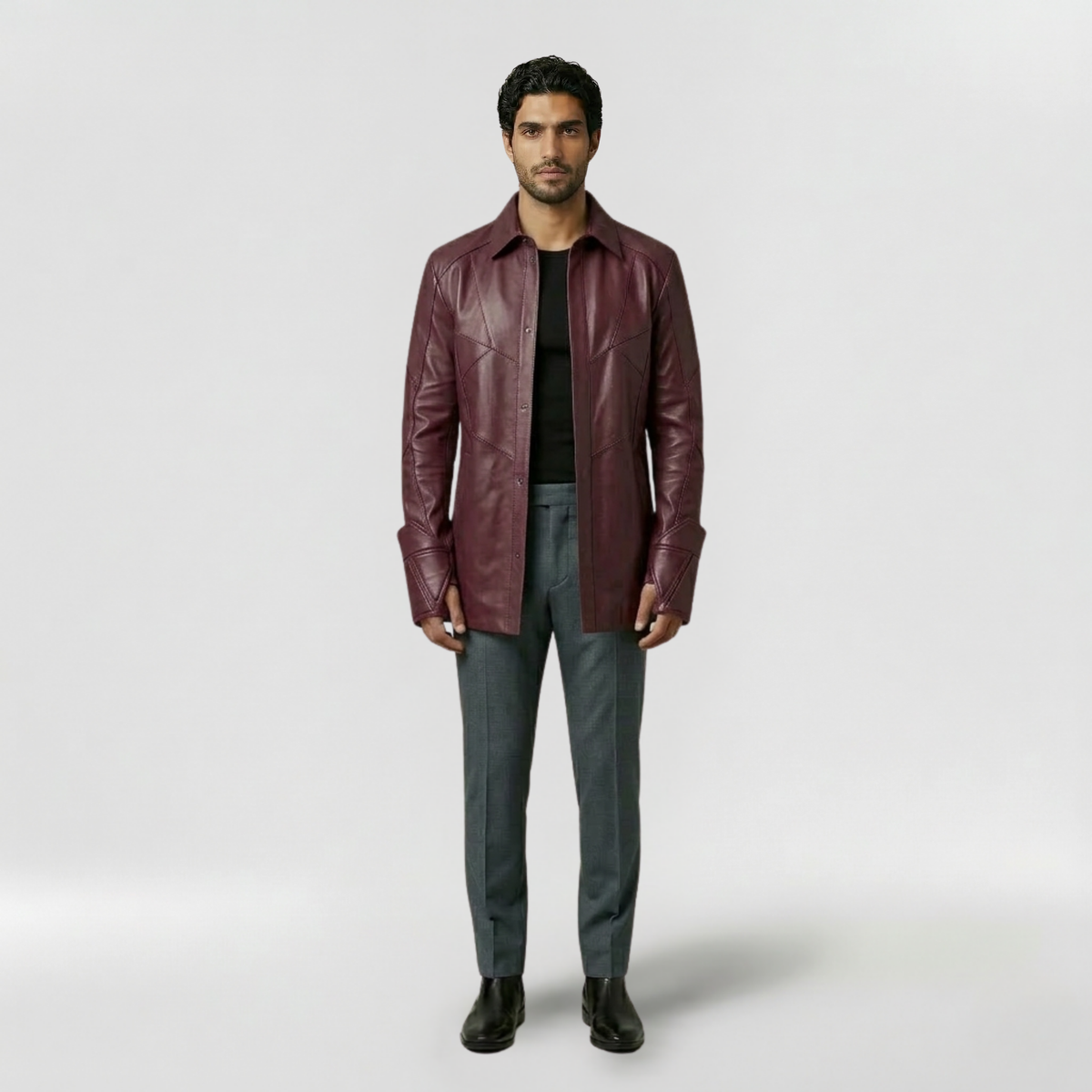 Men's Longline Faux-Leather Shirt Jacket