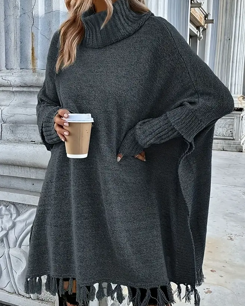 Women's Turtleneck Fringe Poncho Sweater