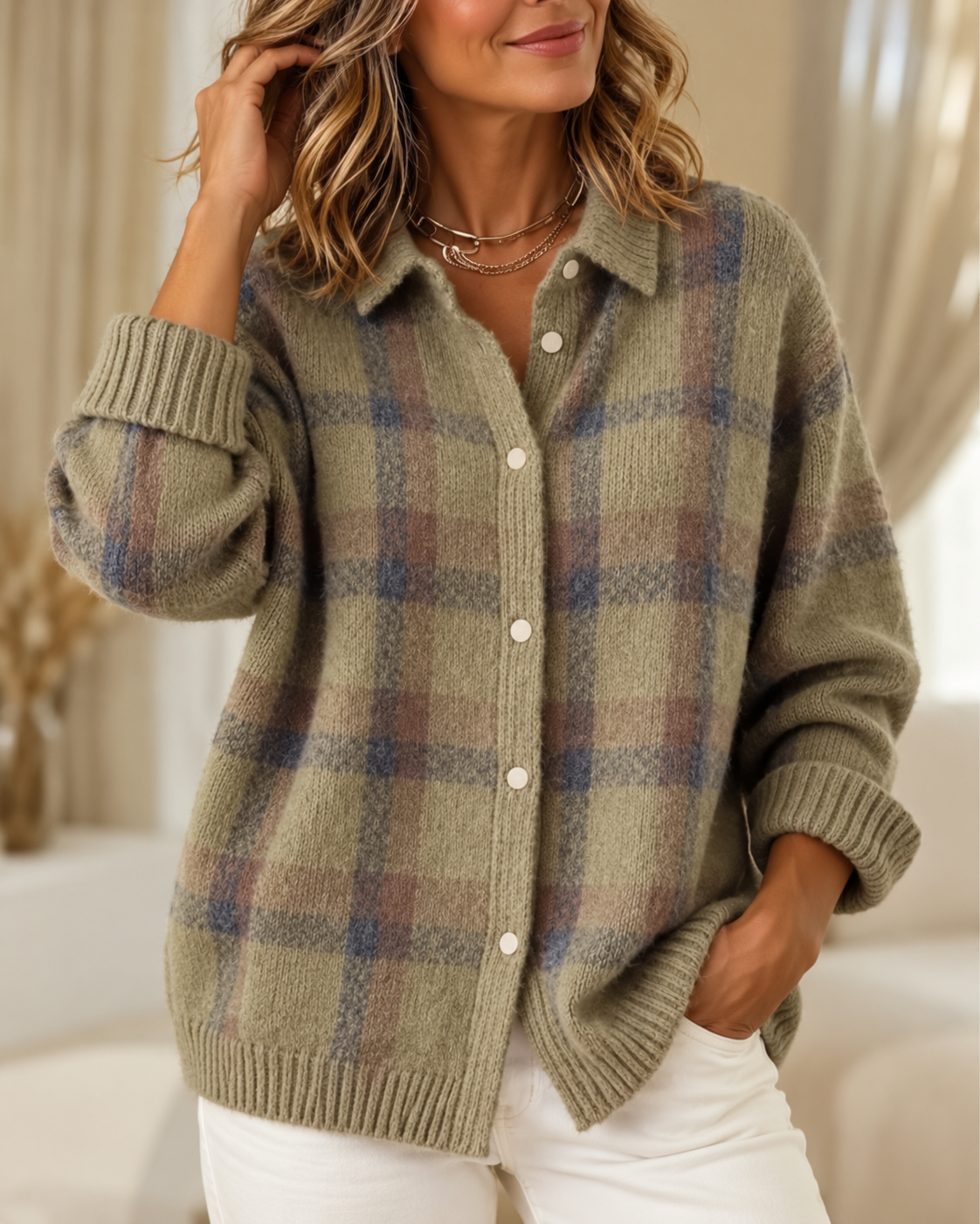 Women's Plaid Knit Button-Up Cardigan