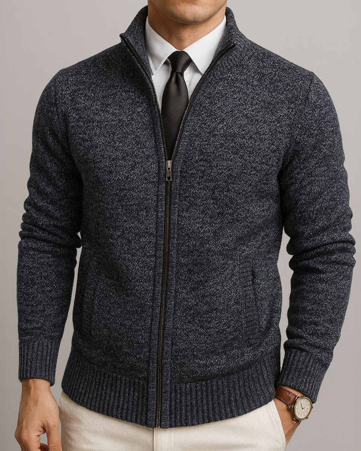 Men's Full-Zip Knit Cardigan with Stand Collar