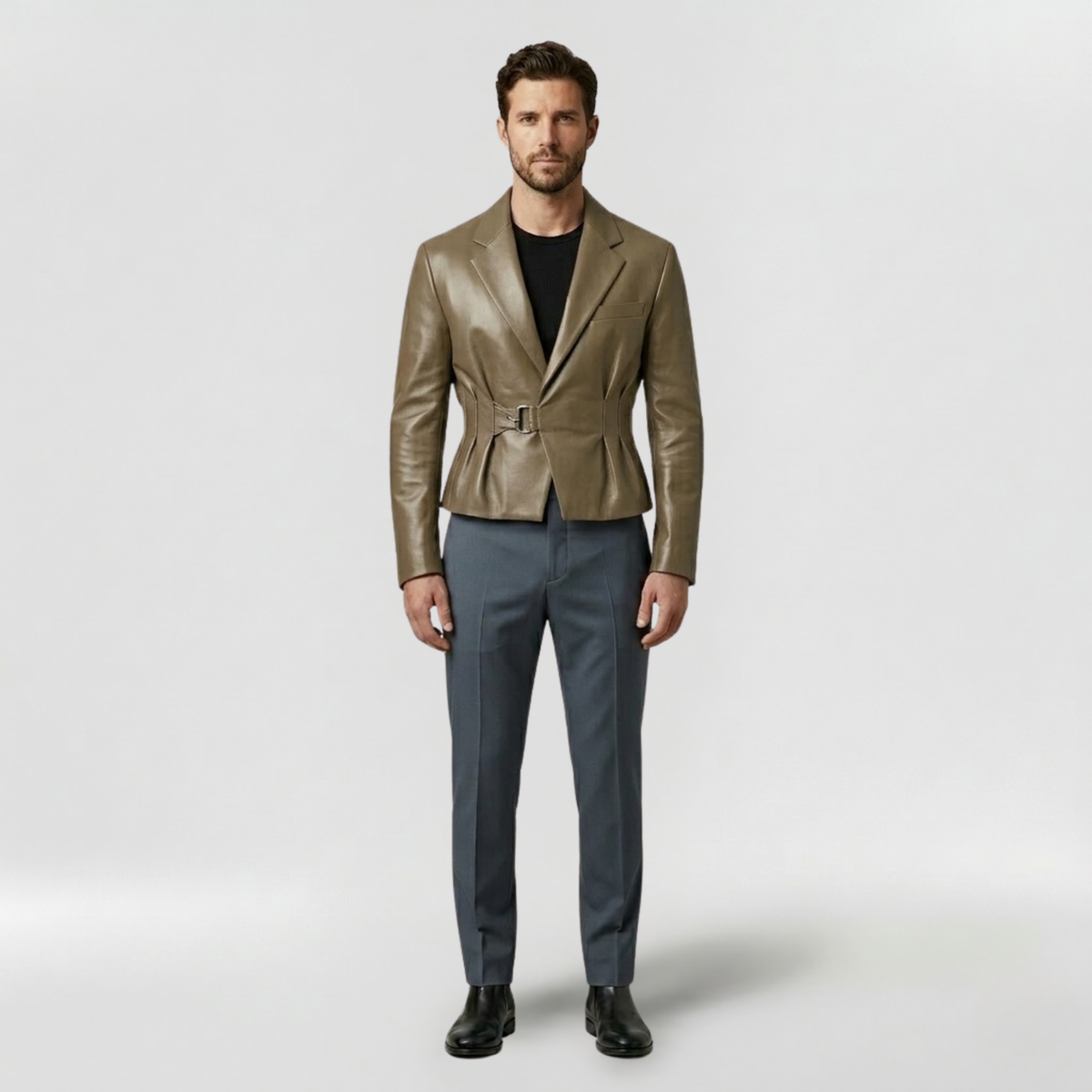 Men's Belted Faux-Leather Blazer