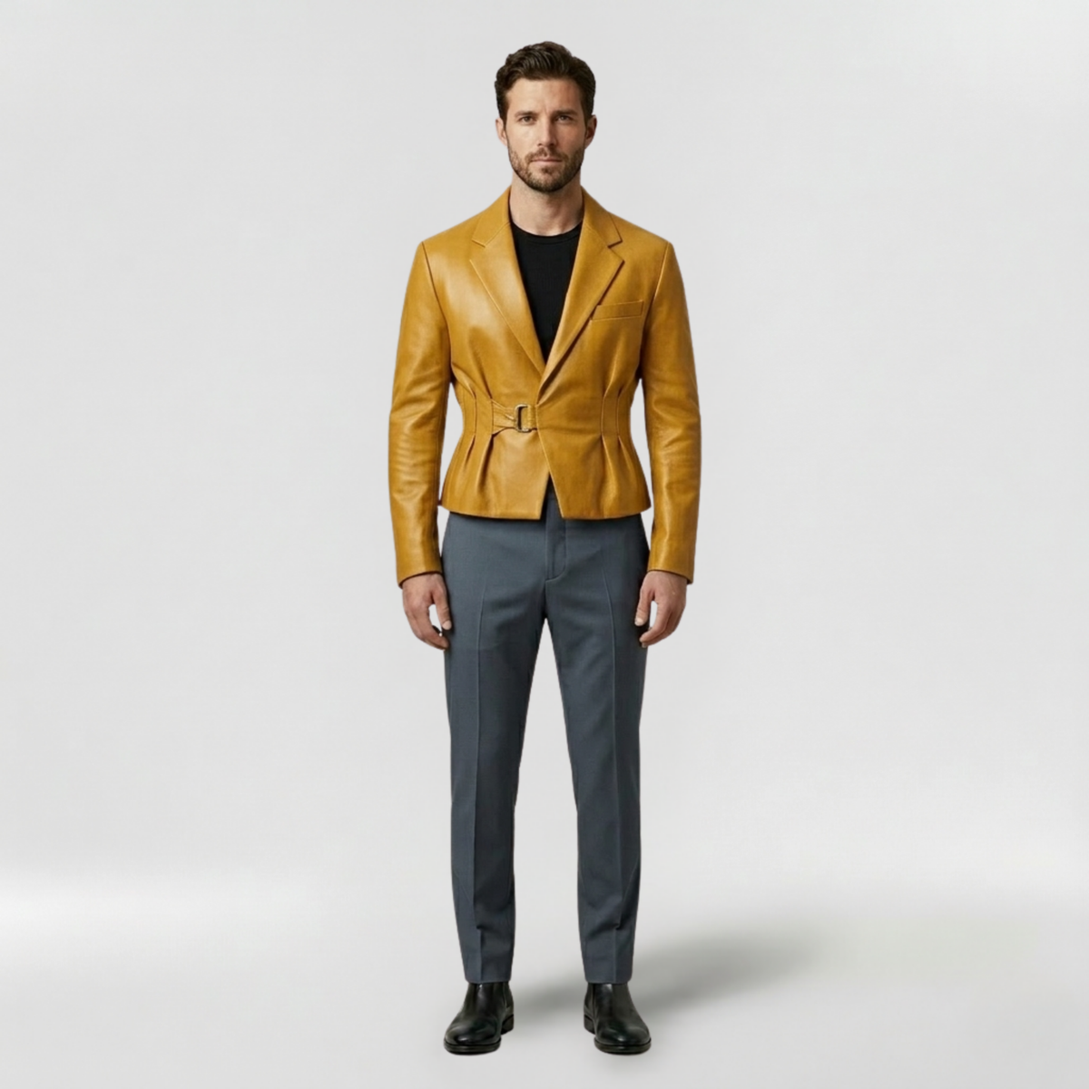 Men's Belted Faux-Leather Blazer