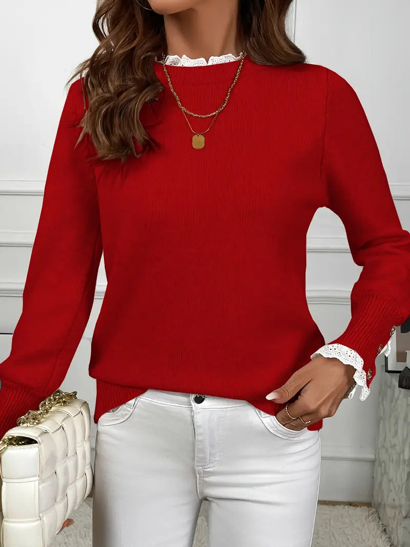 Women's Lace Trim Knit Sweater with Gold Buttons