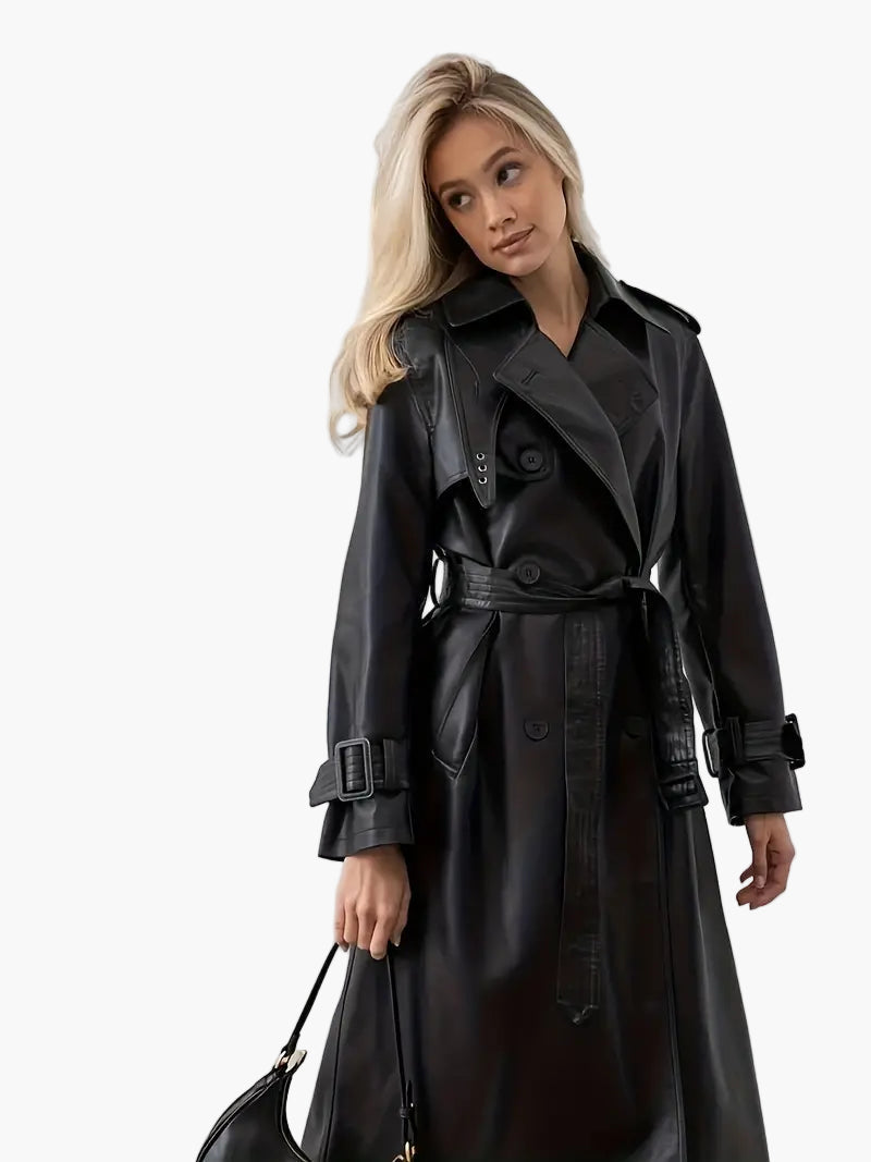 Women's Long Belted Faux Leather Trench Coat