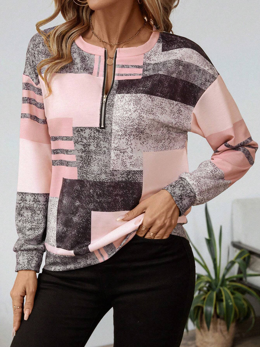 Women's Patchwork Print Quarter-Zip Sweatshirt