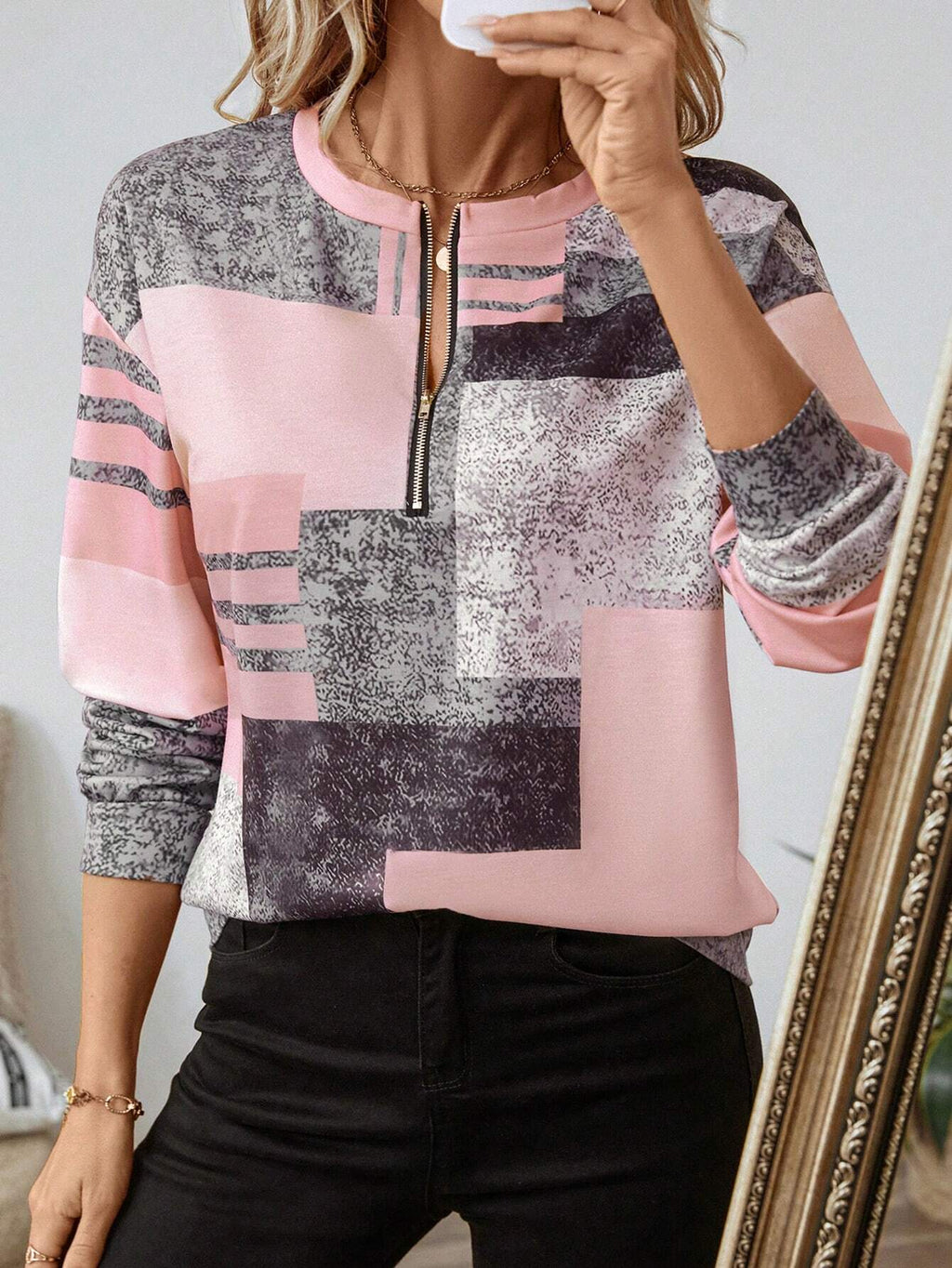 Women's Patchwork Print Quarter-Zip Sweatshirt