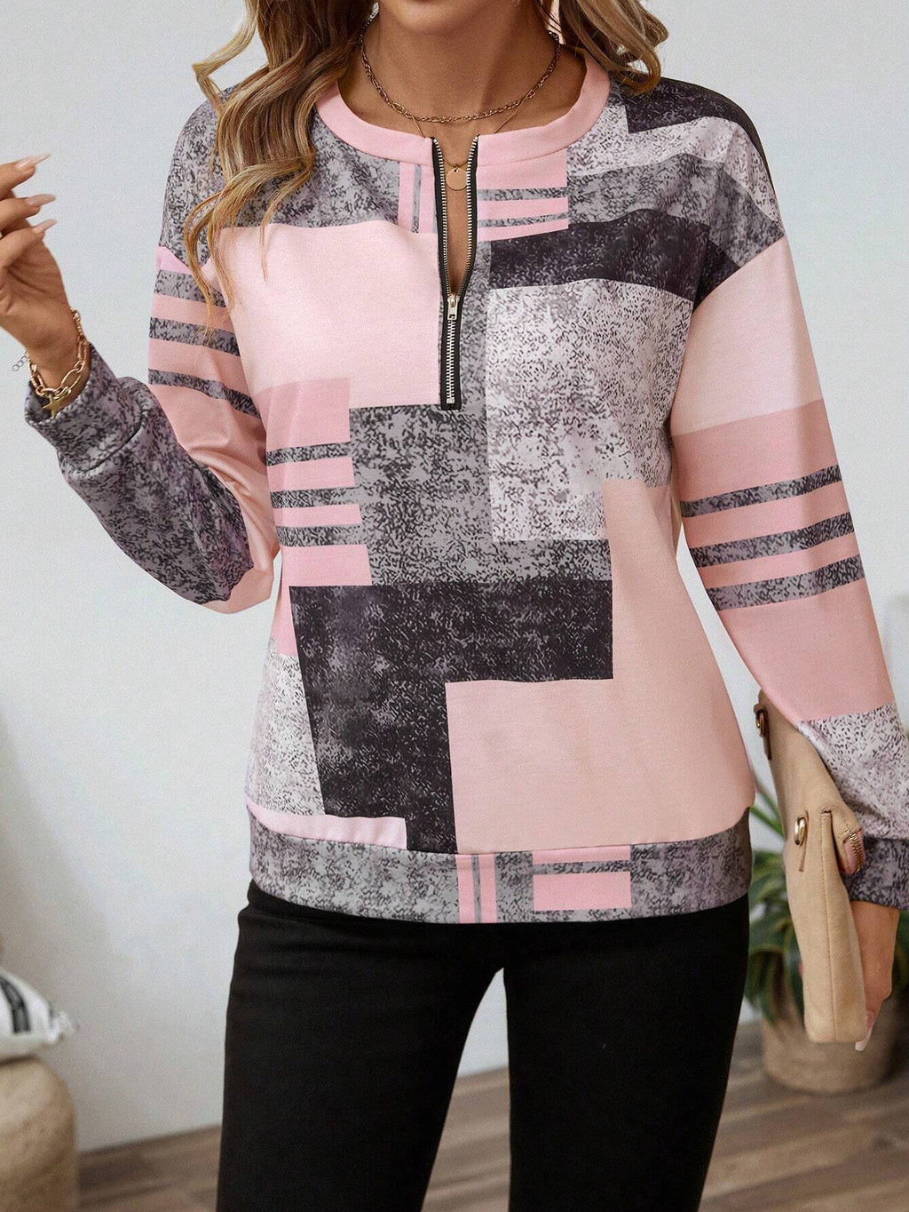 Women's Patchwork Print Quarter-Zip Sweatshirt