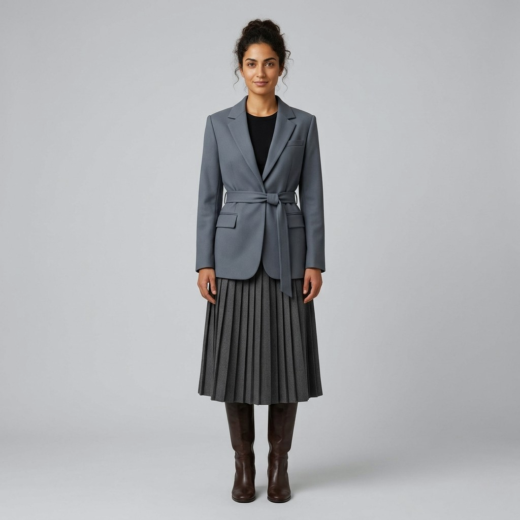 Women's Belted Blazer & Pleated Skirt Set