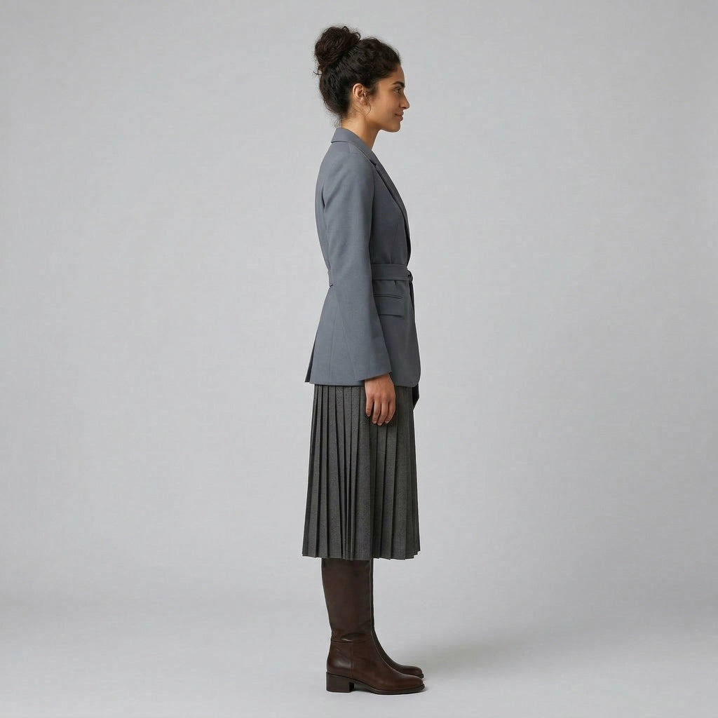 Women's Belted Blazer & Pleated Skirt Set