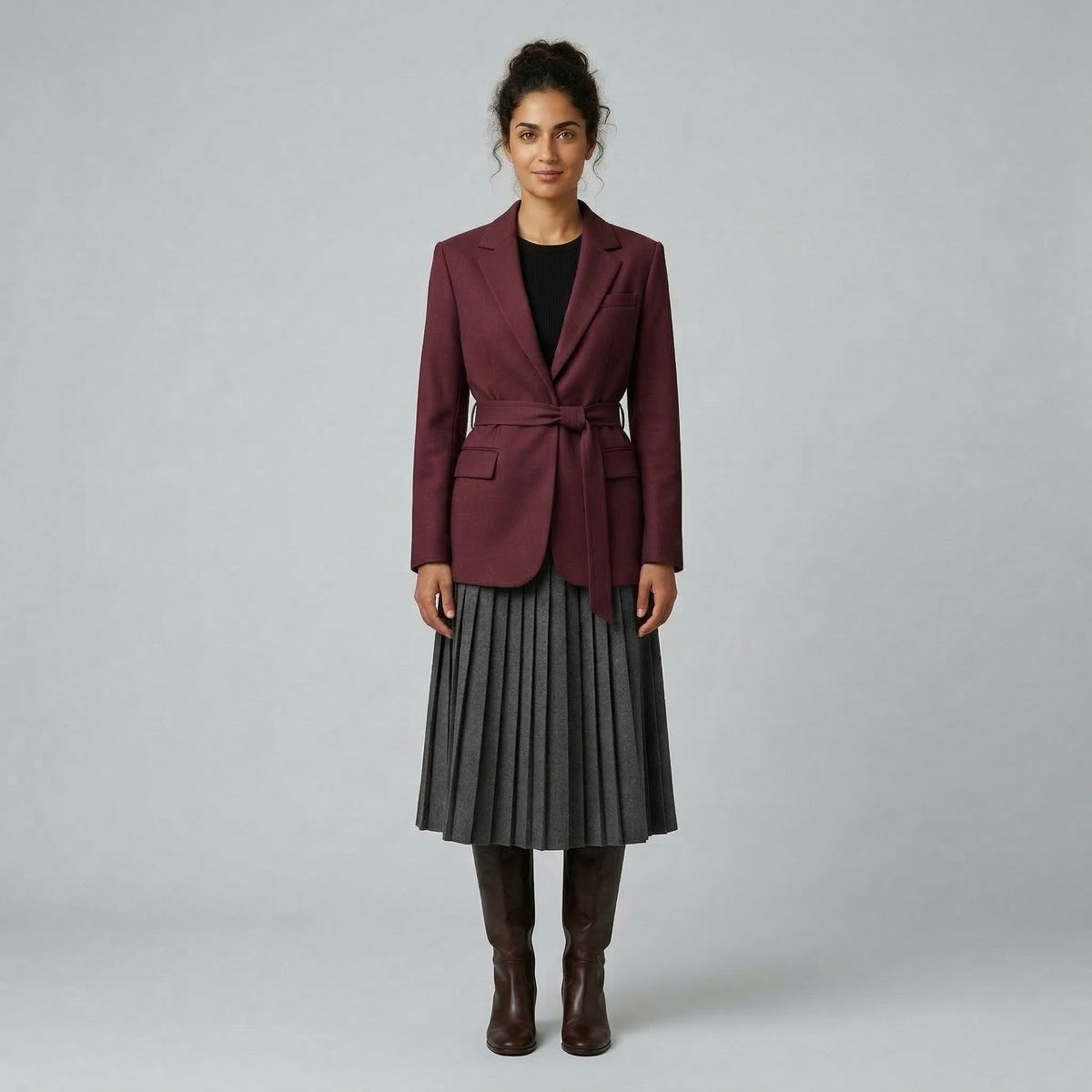 Women's Belted Blazer & Pleated Skirt Set