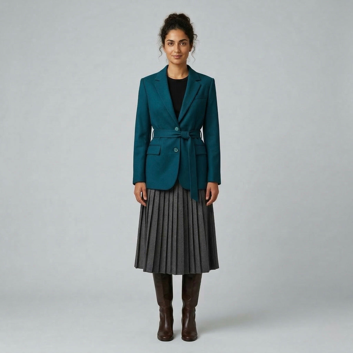 Women's Belted Blazer & Pleated Skirt Set