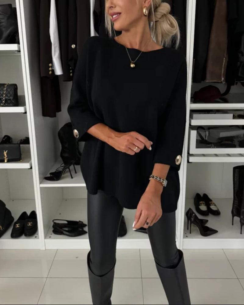 Women's Button Cuff Crew Neck Knit Pullover