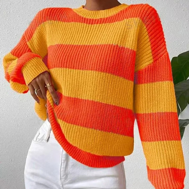 Women's Striped Ribbed Knit Crewneck Sweater