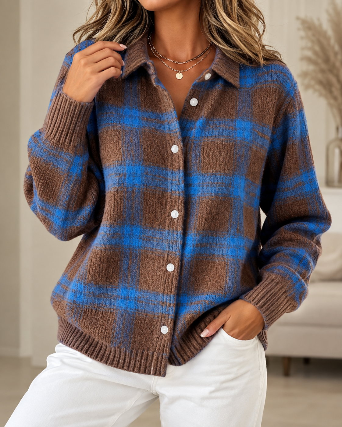 Women's Plaid Knit Button-Up Cardigan