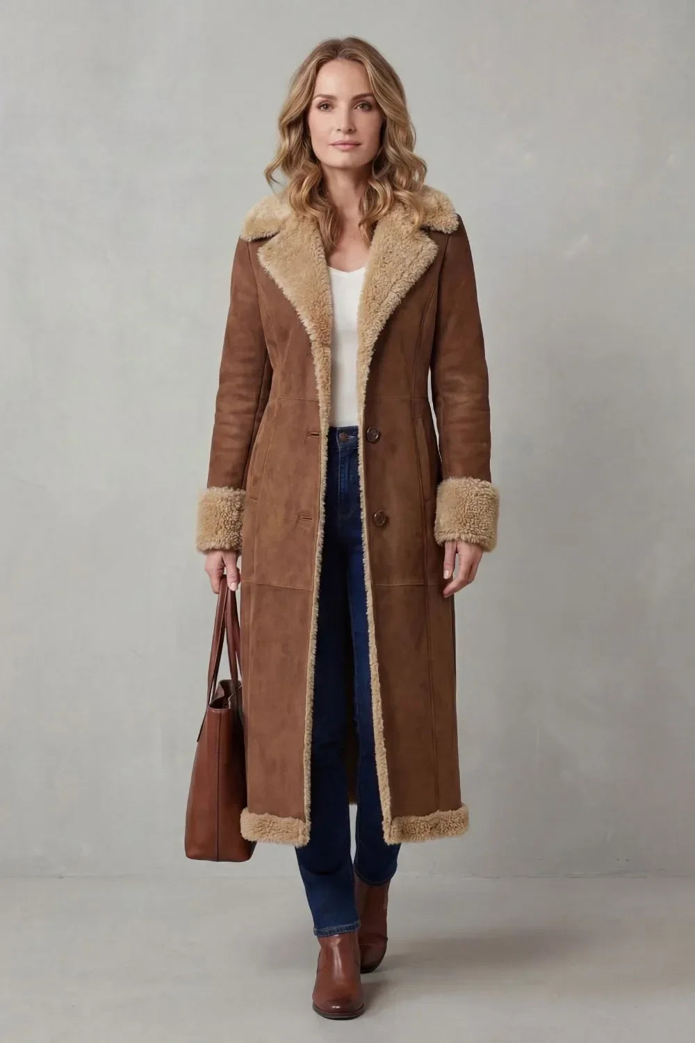 Women's Long Faux Suede Shearling Coat