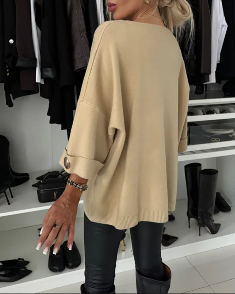 Women's Button Cuff Crew Neck Knit Pullover