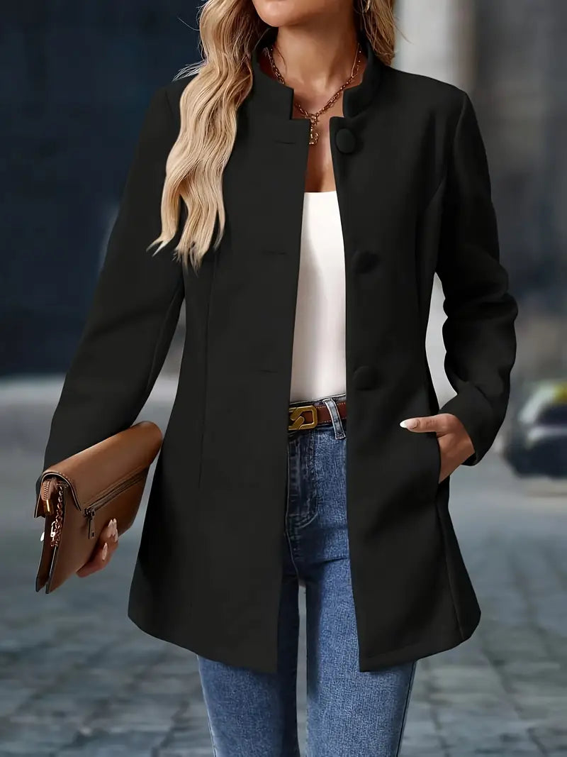 Women's Tailored Stand-Collar Coat with Covered Buttons