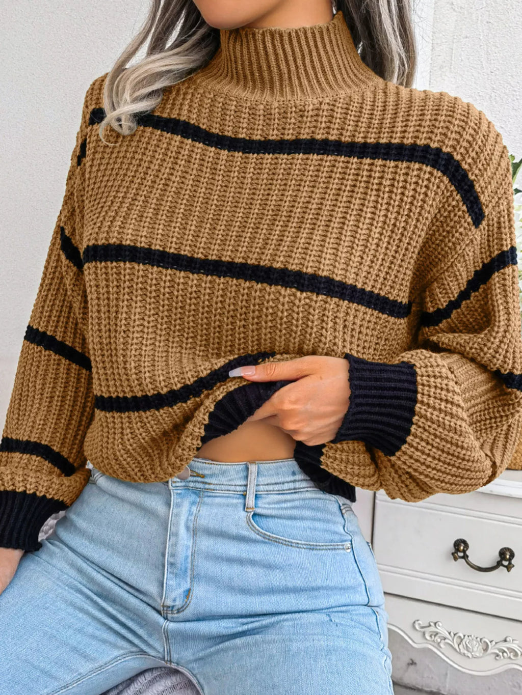Women's Striped Mock Neck Sweater