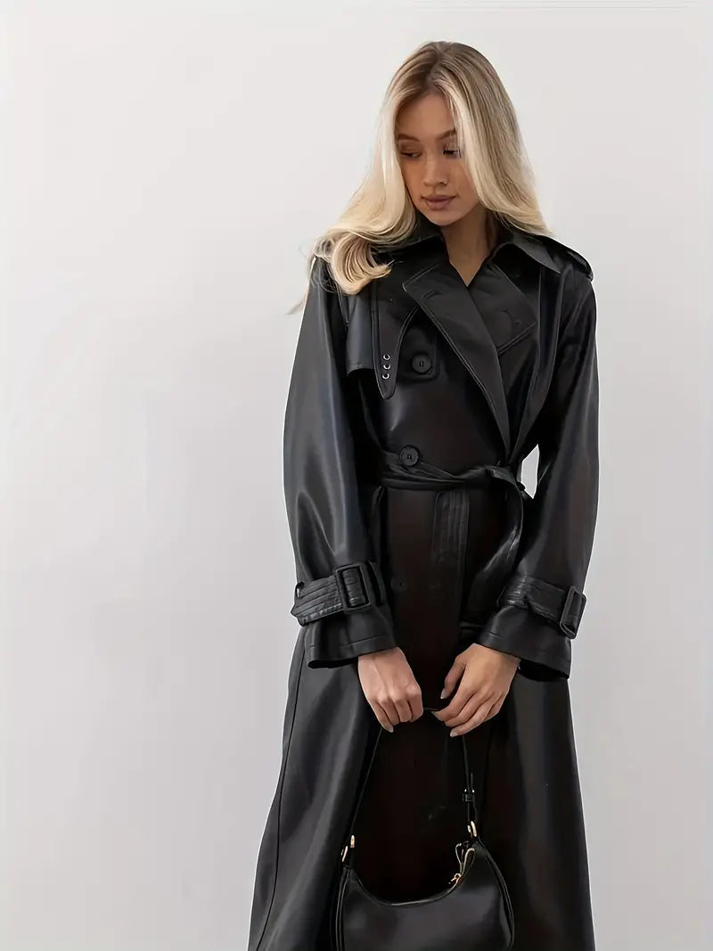 Women's Long Belted Faux Leather Trench Coat