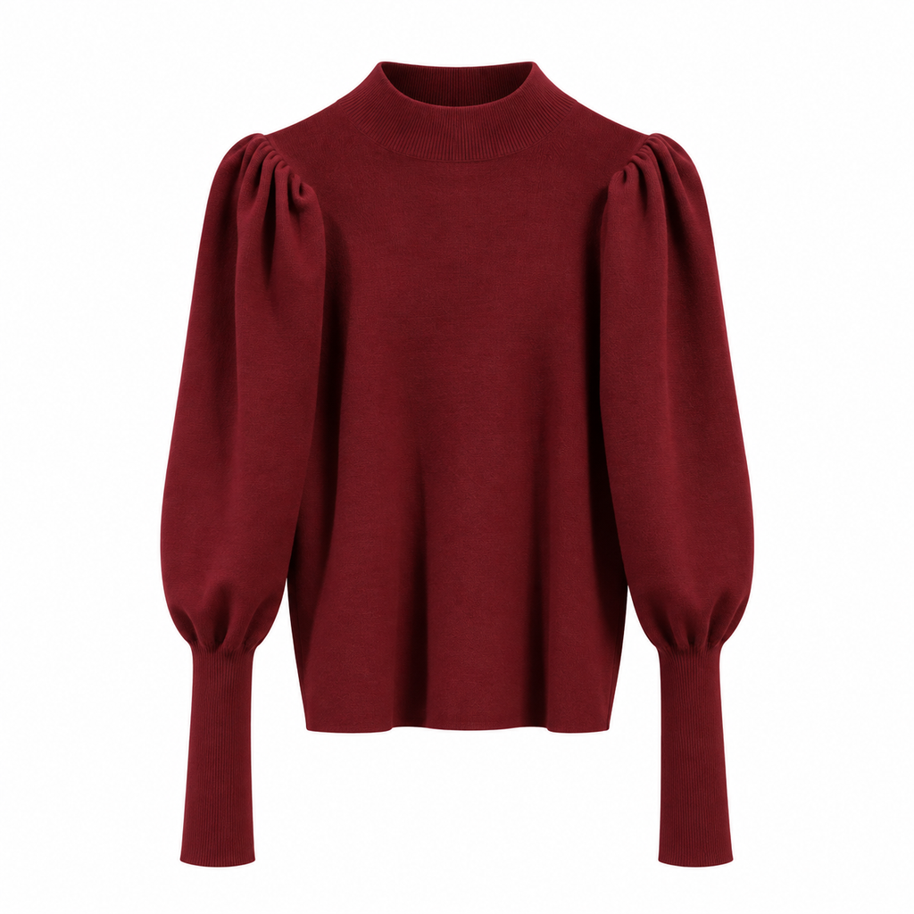 Women's Ribbed Mock Neck Sweater with Puff Sleeves