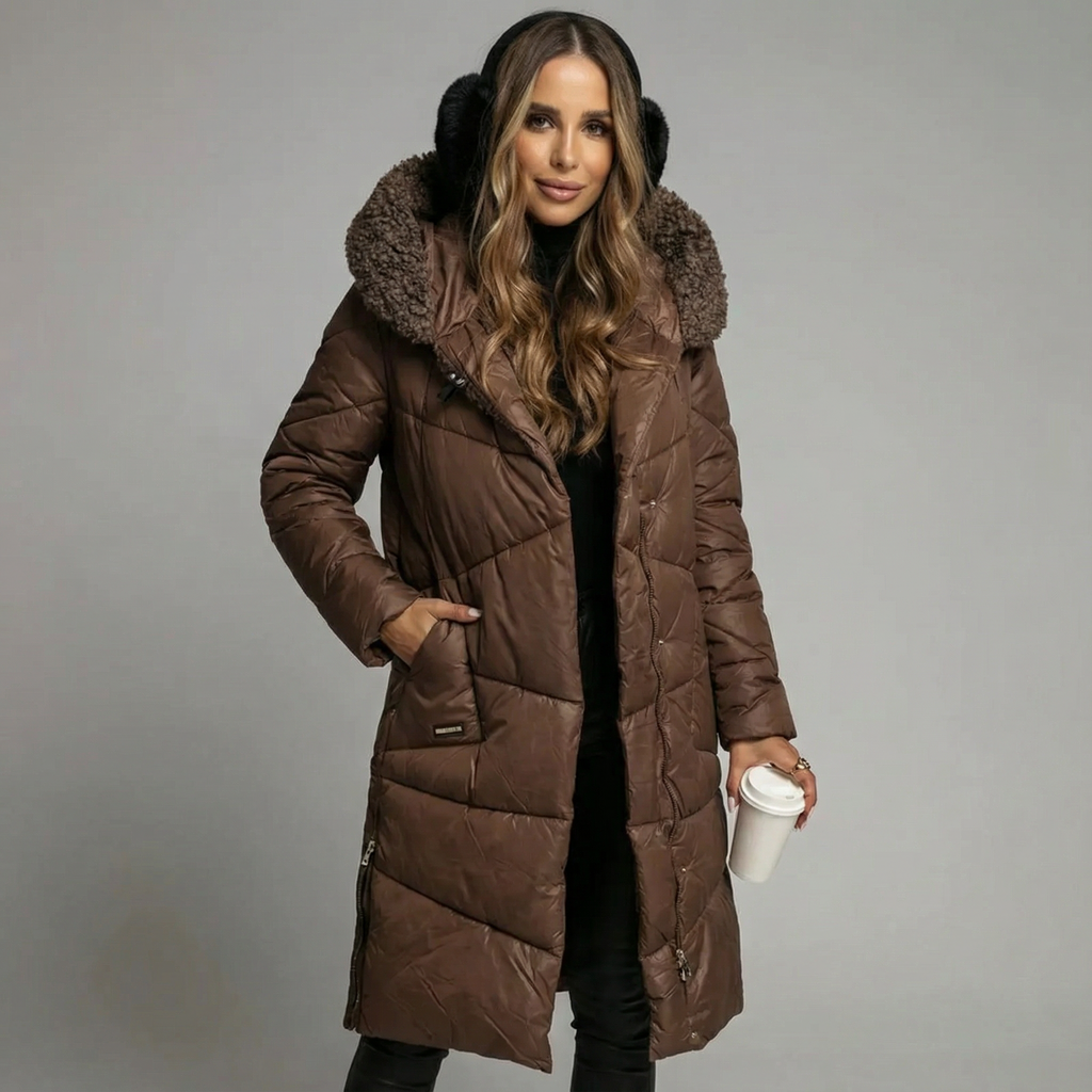 Women's Long Padded Parka with Faux Fur Hood