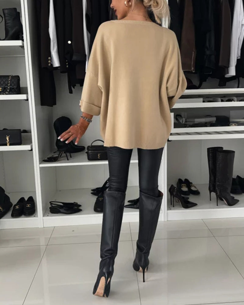 Women's Button Cuff Crew Neck Knit Pullover
