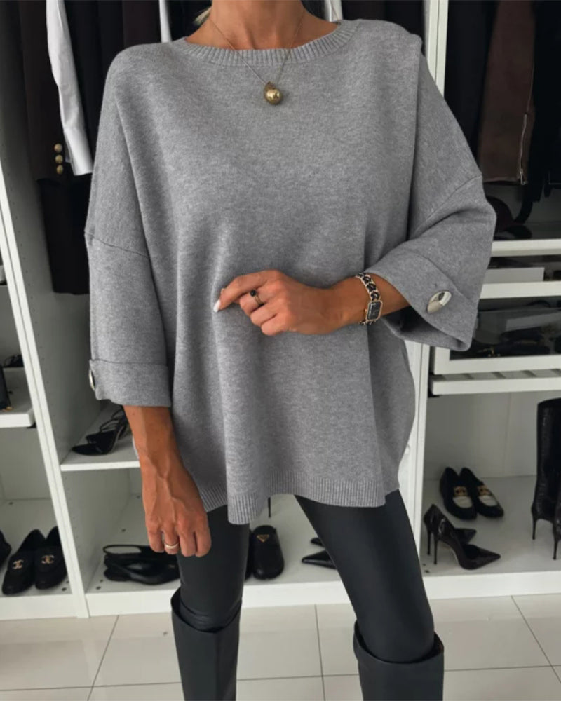 Women's Button Cuff Crew Neck Knit Pullover