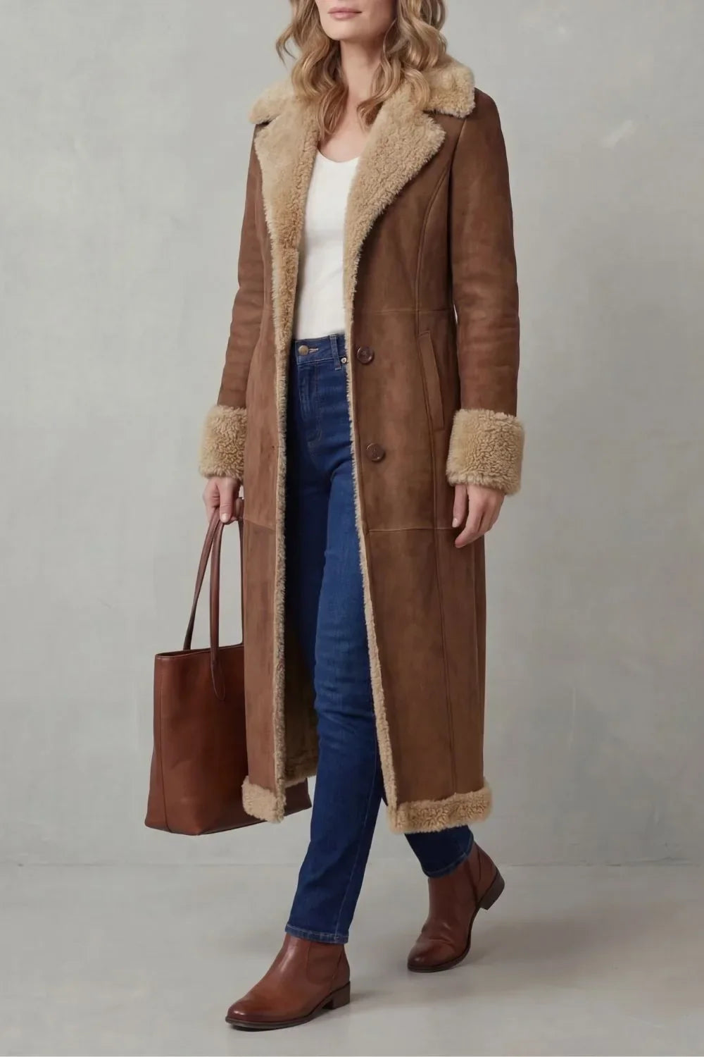 Women's Long Faux Suede Shearling Coat
