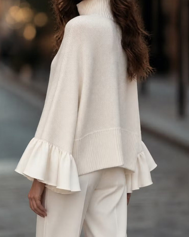 Women's Turtleneck Ruffle Sleeve Knit Sweater
