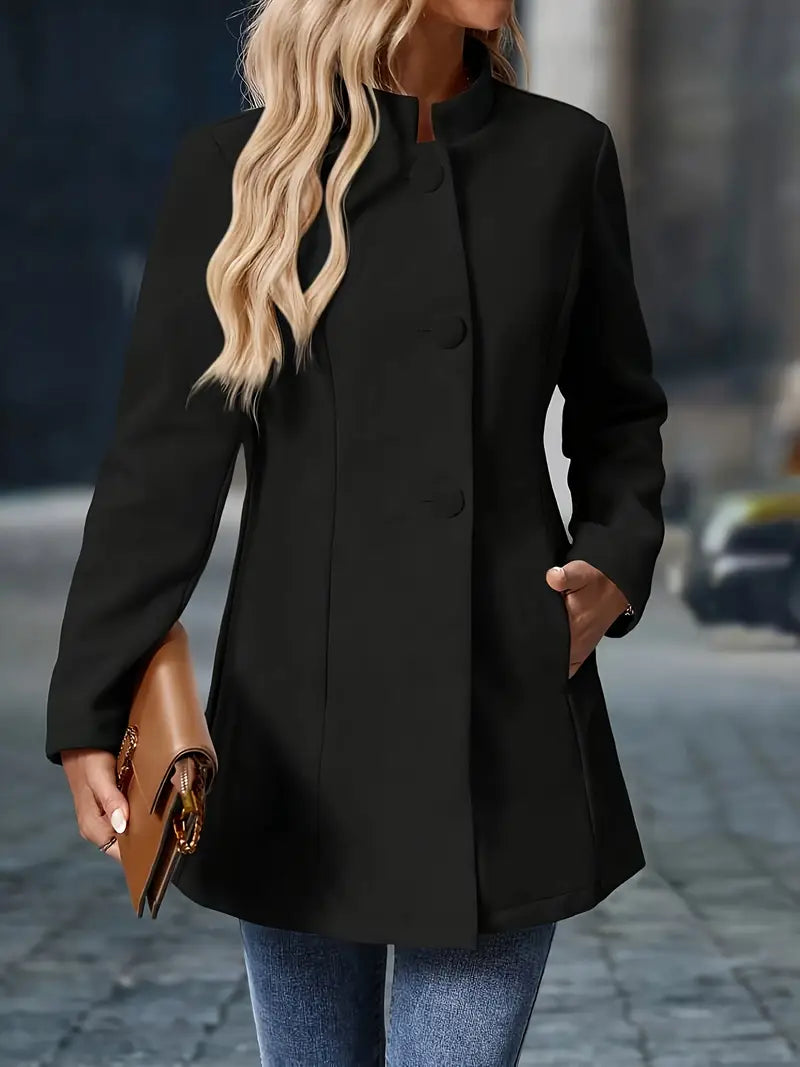Women's Tailored Stand-Collar Coat with Covered Buttons
