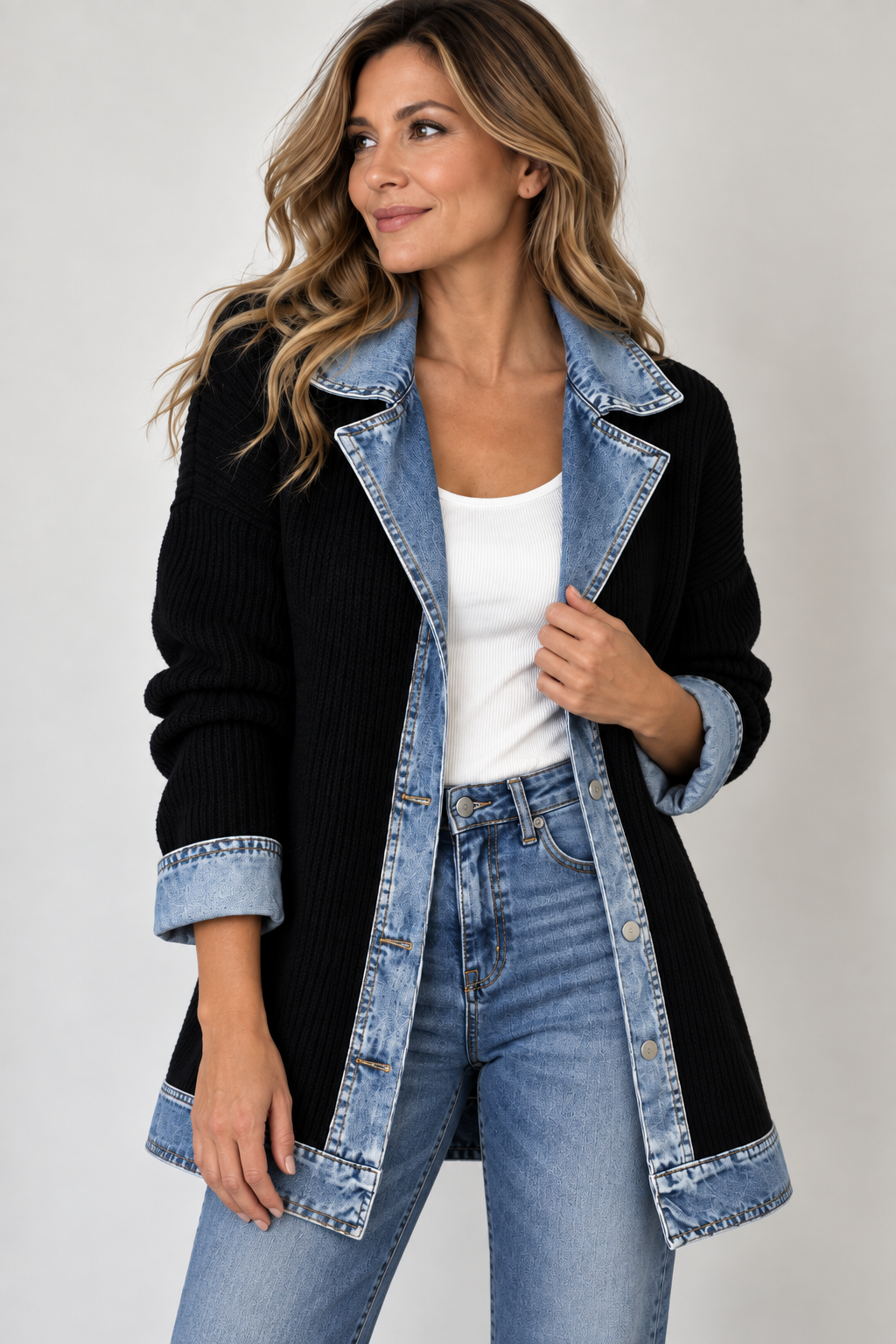 Women's Knit Coat with Denim Lapels