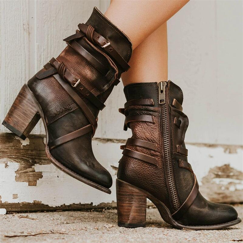 Women's Buckle Strap Heeled Ankle Boots