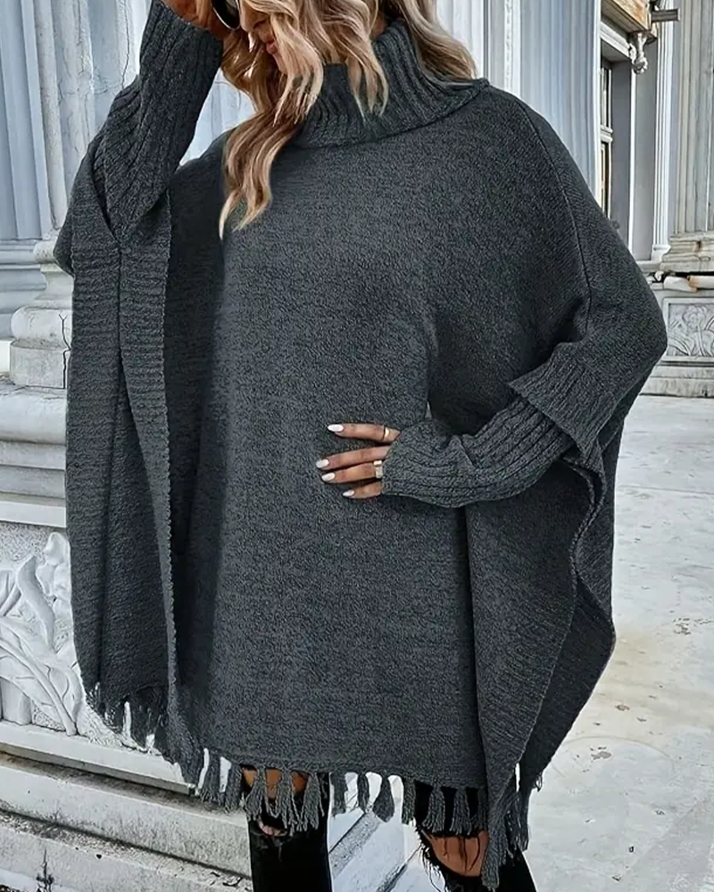Women's Turtleneck Fringe Poncho Sweater