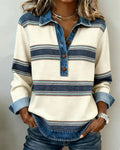 Women's Striped Knit Polo Sweater with Denim Collar
