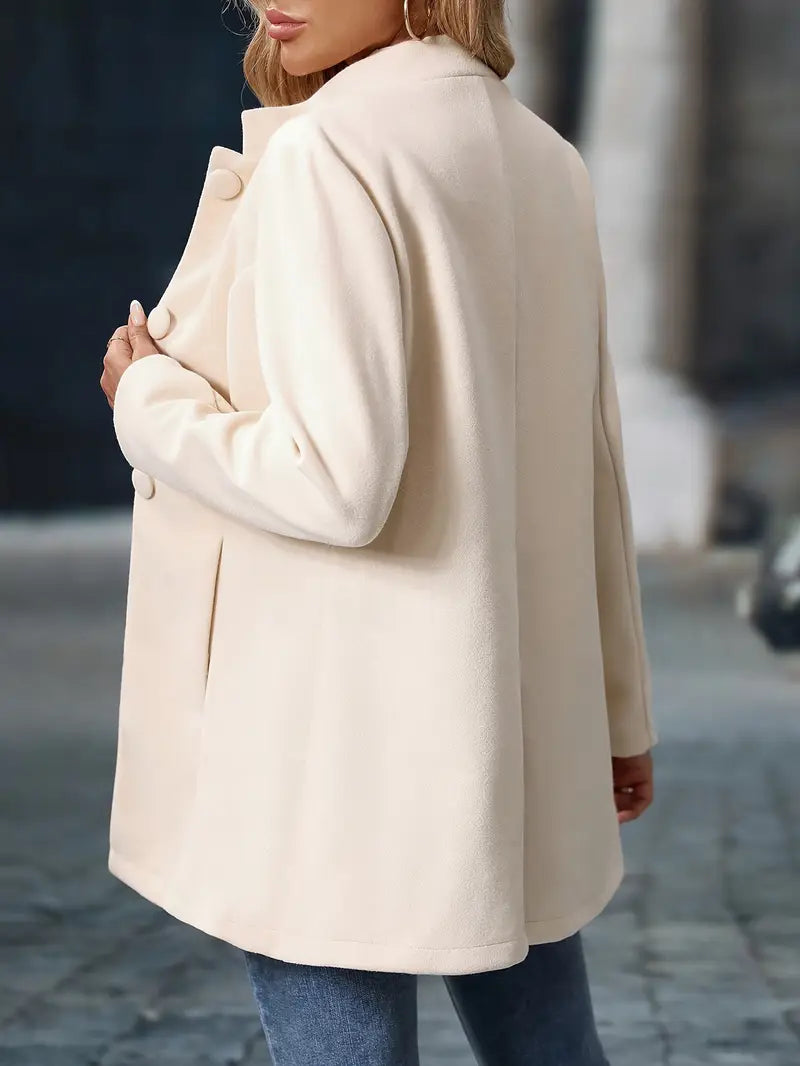 Women's Tailored Stand-Collar Coat with Covered Buttons