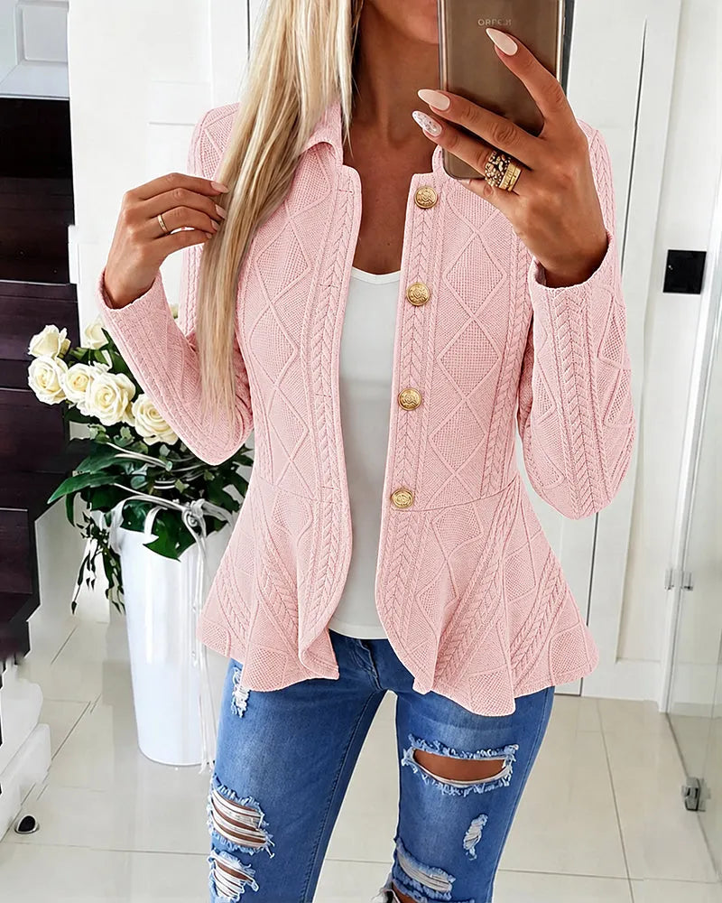 Women's Diamond Knit Cardigan Jacket with Gold Buttons