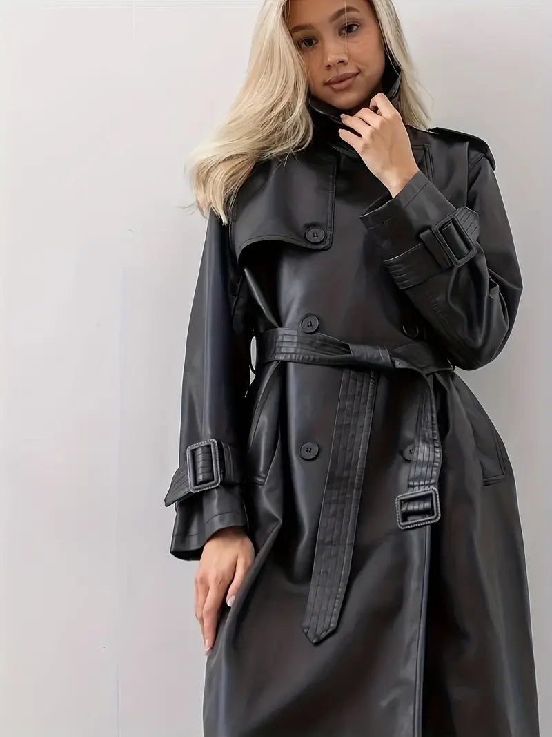 Women's Long Belted Faux Leather Trench Coat