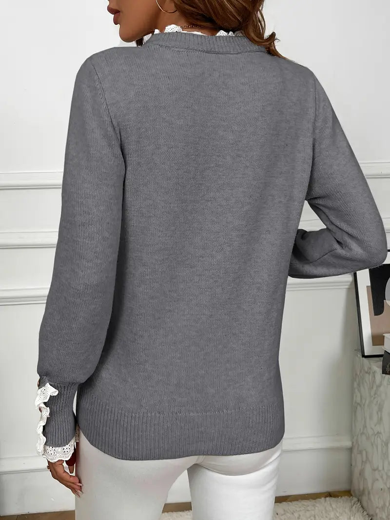 Women's Lace Trim Knit Sweater with Gold Buttons