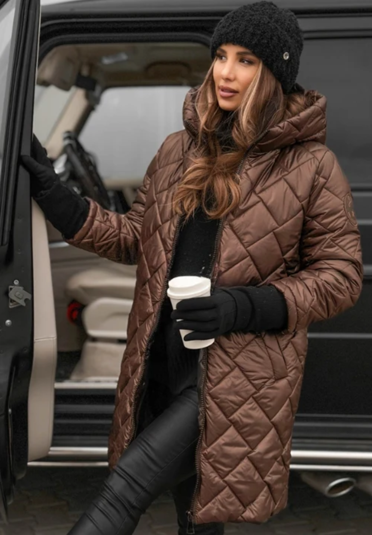 Women's Diamond Quilted Long Hooded Jacket