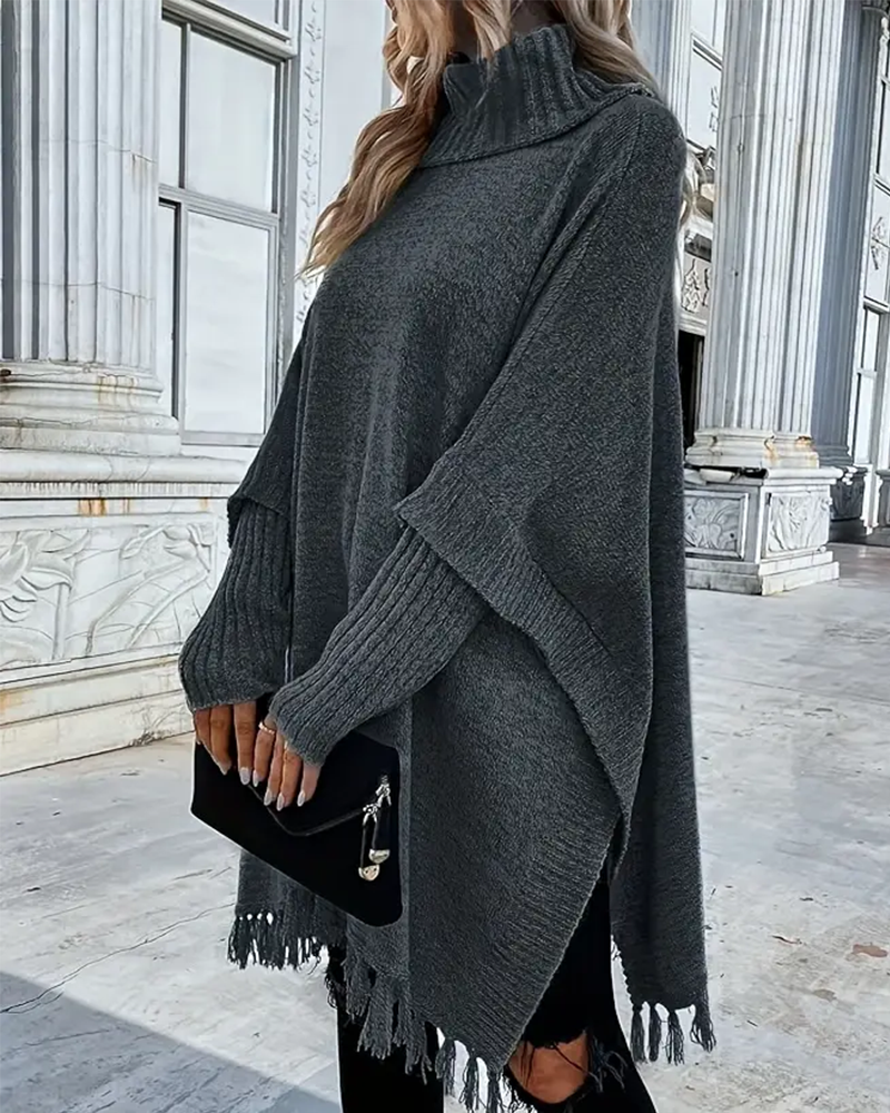 Women's Turtleneck Fringe Poncho Sweater