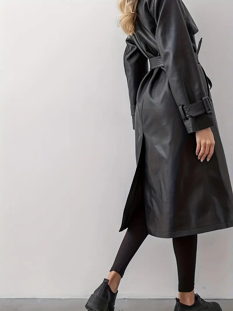 Women's Long Belted Faux Leather Trench Coat