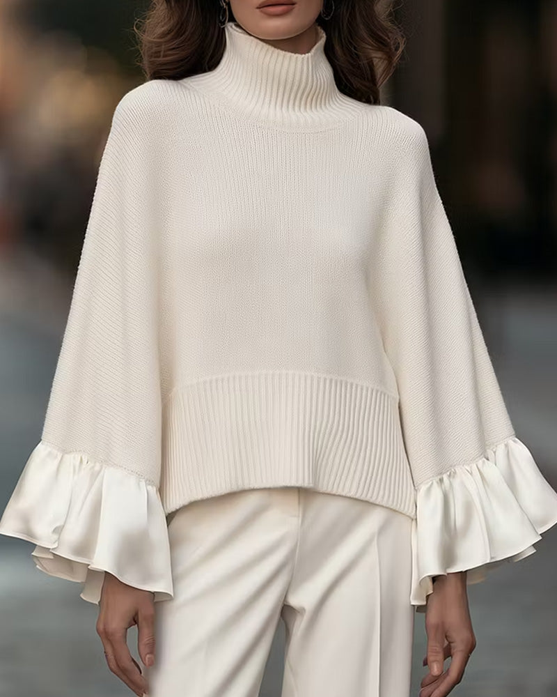 Women's Turtleneck Ruffle Sleeve Knit Sweater