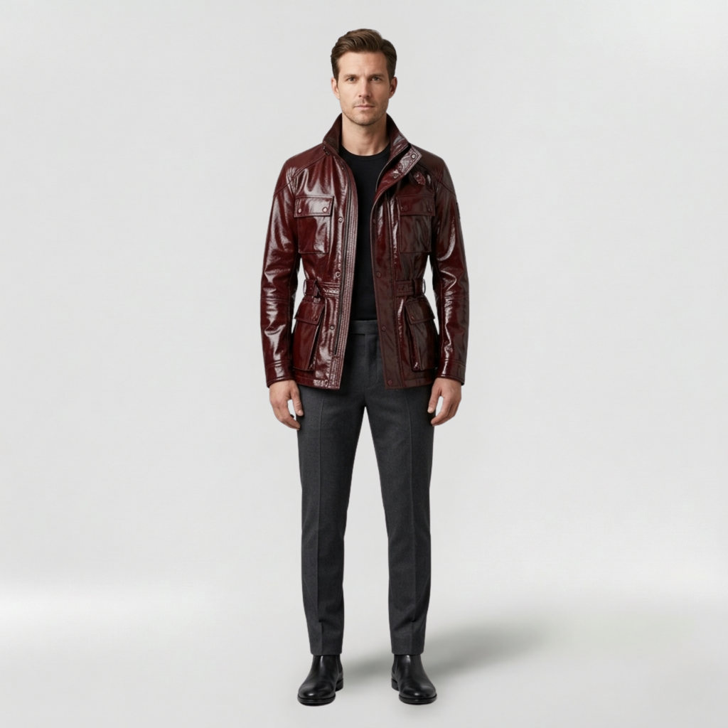 Men's Glossy Faux-Leather Utility Jacket