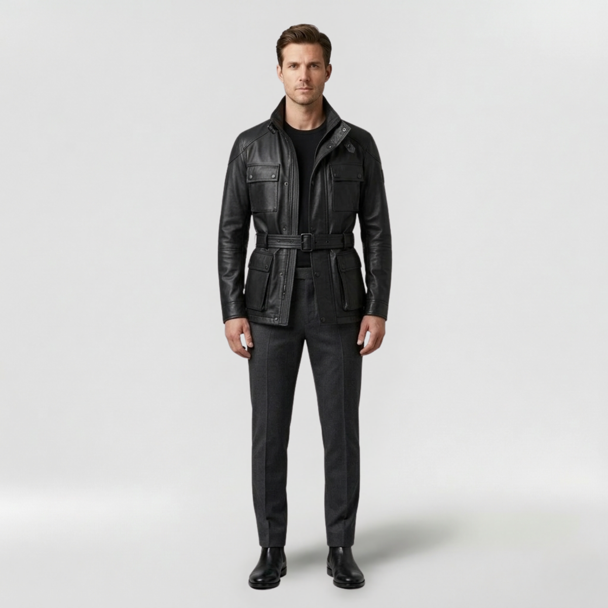 Men's Glossy Faux-Leather Utility Jacket
