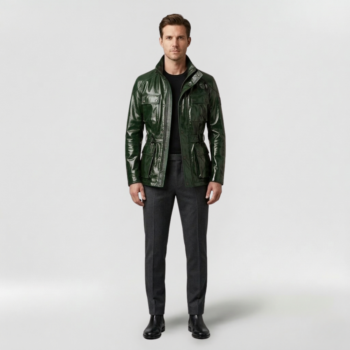 Men's Glossy Faux-Leather Utility Jacket