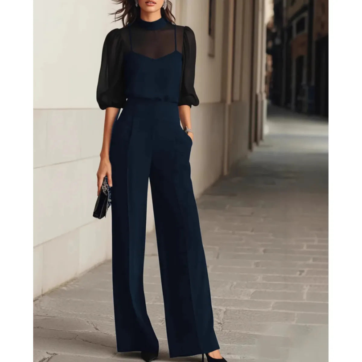 Women's Sheer Puff-Sleeve Blouse & Wide-Leg Pants Set