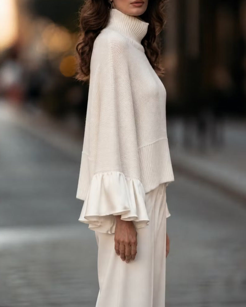 Women's Turtleneck Ruffle Sleeve Knit Sweater